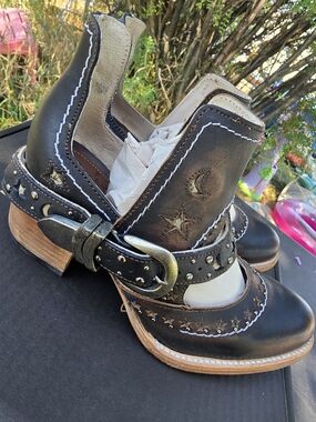 Women's Black Leather Ankle Booties with Star & Moon Cutouts